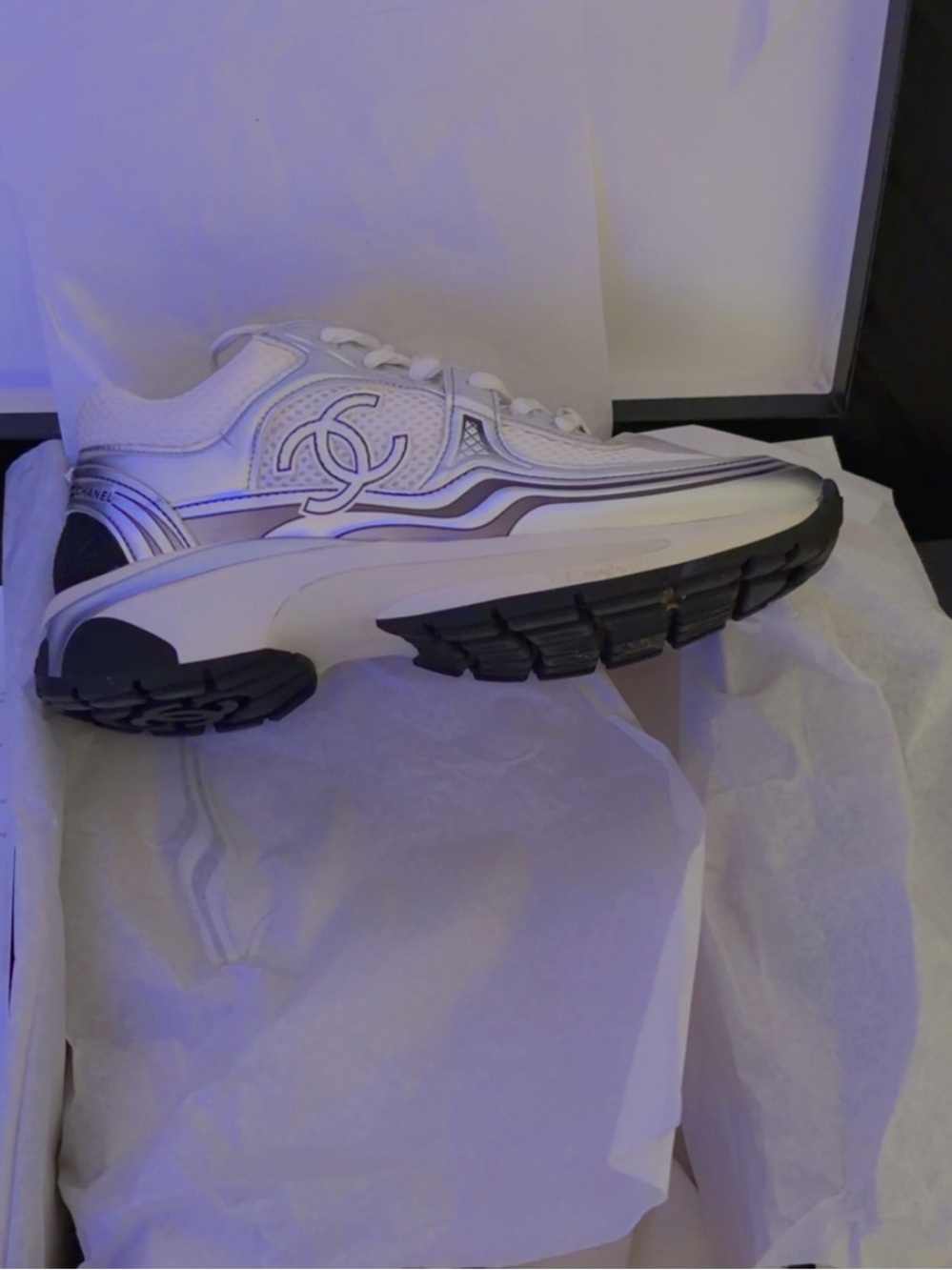CHANEL White, Black, and Silver Athletic Sneaker